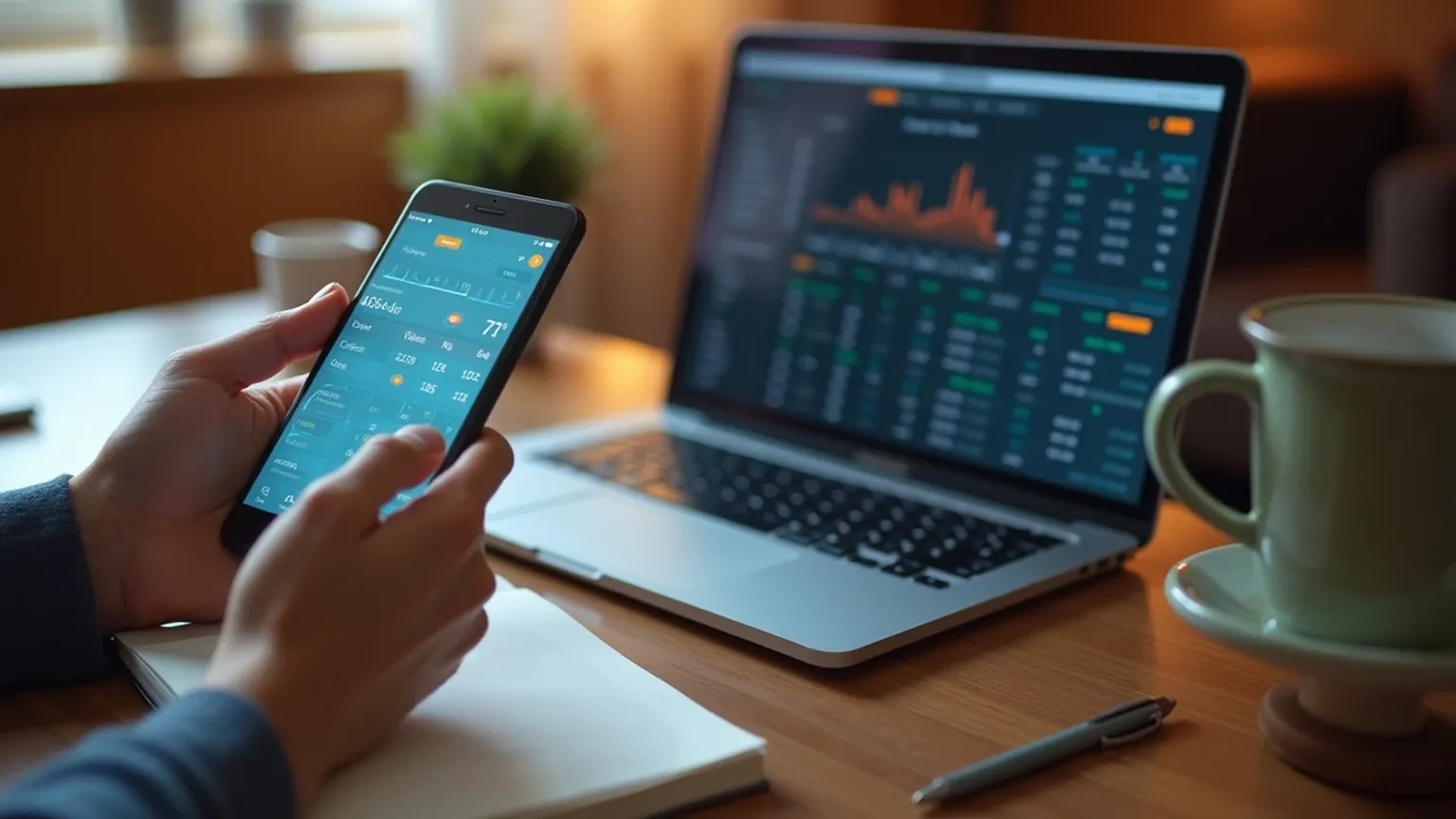 Persona che analizza statistiche di basket su smartphone e laptop con appunti scritti a mano sulla scrivania