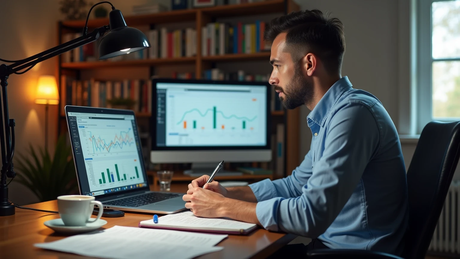 Analista sportivo che studia statistiche di basket su laptop e documenti