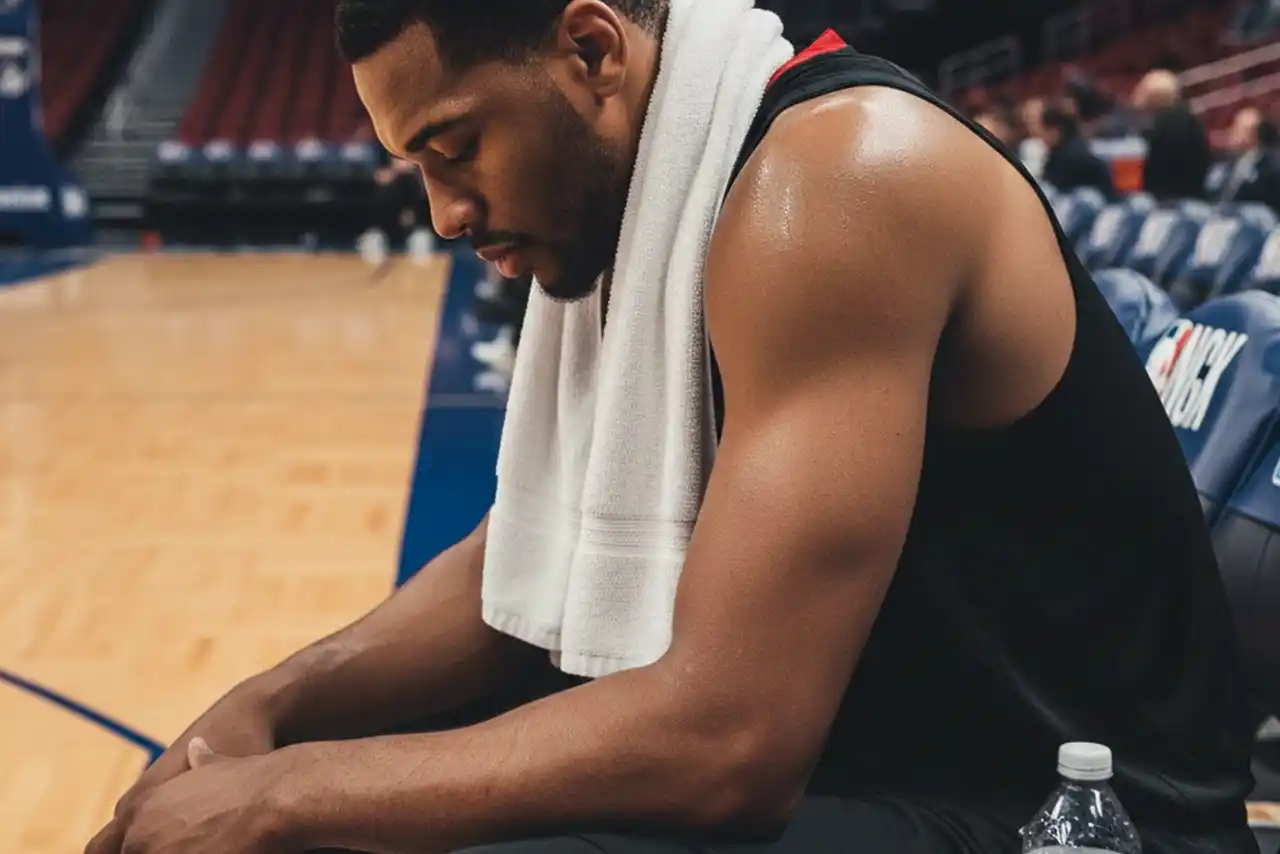 Giocatore di basket NBA stanco seduto in panchina con asciugamano sulle spalle dopo una partita