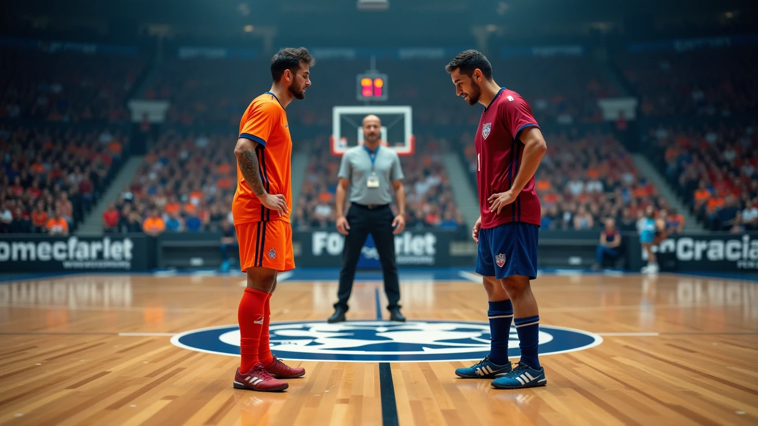 Due squadre di basket che si affrontano a centro campo prima della partita