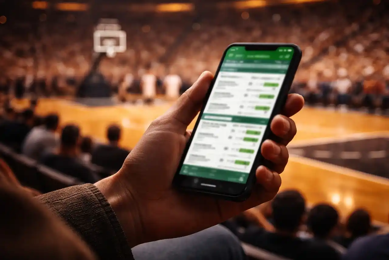Mano di un tifoso che tiene uno smartphone durante una partita di basket dal vivo