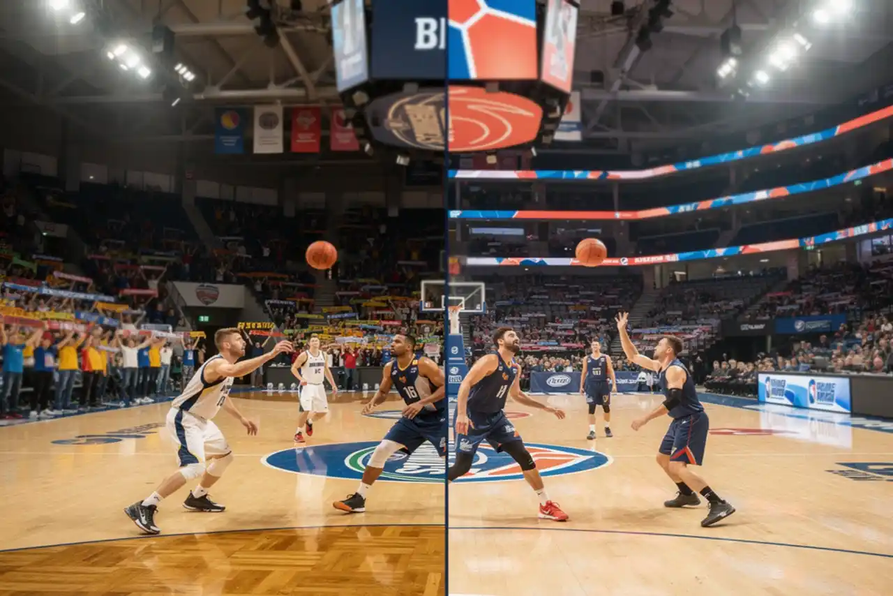 Due campi da basket affiancati con giocatori in azione che rappresentano Eurolega e NBA