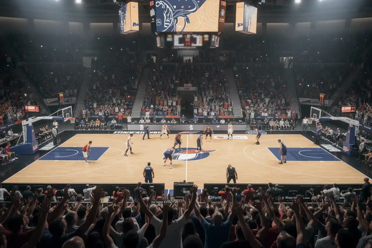 Palazzetto di basket pieno di pubblico durante una partita con atmosfera intensa
