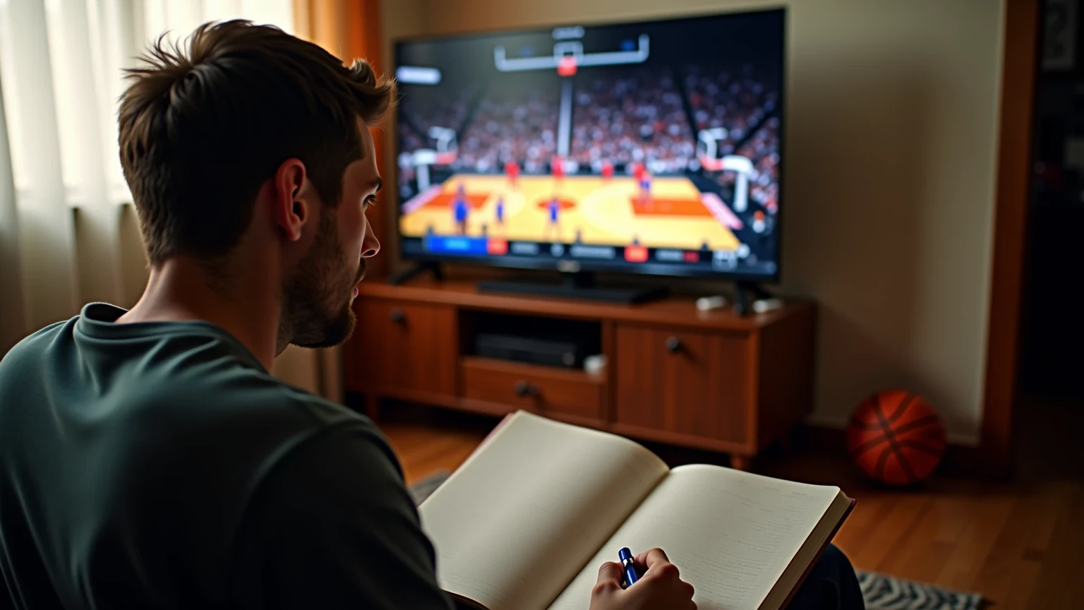 Persona che guarda una partita di basket prendendo appunti su un quaderno