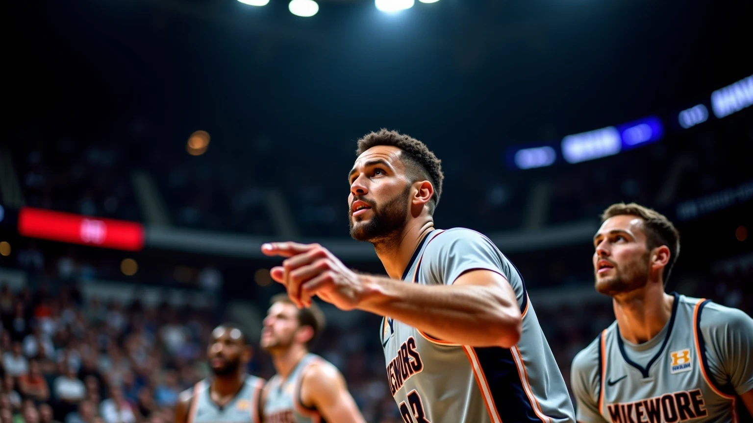 Giocatore stella di basket che guida la sua squadra durante una partita importante