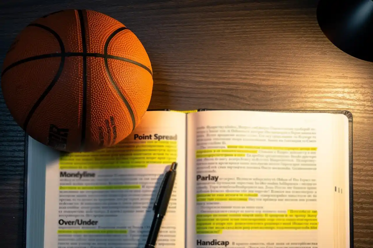 Libro aperto su una scrivania con termini di scommesse sul basket evidenziati accanto a un pallone da basket