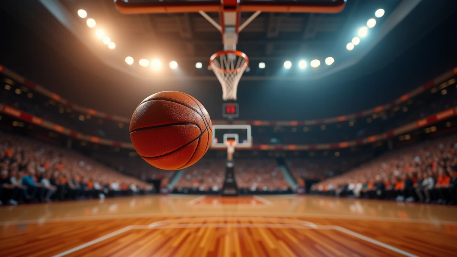 Arena di basket durante una partita notturna con palla in volo verso il canestro e migliaia di tifosi sugli spalti
