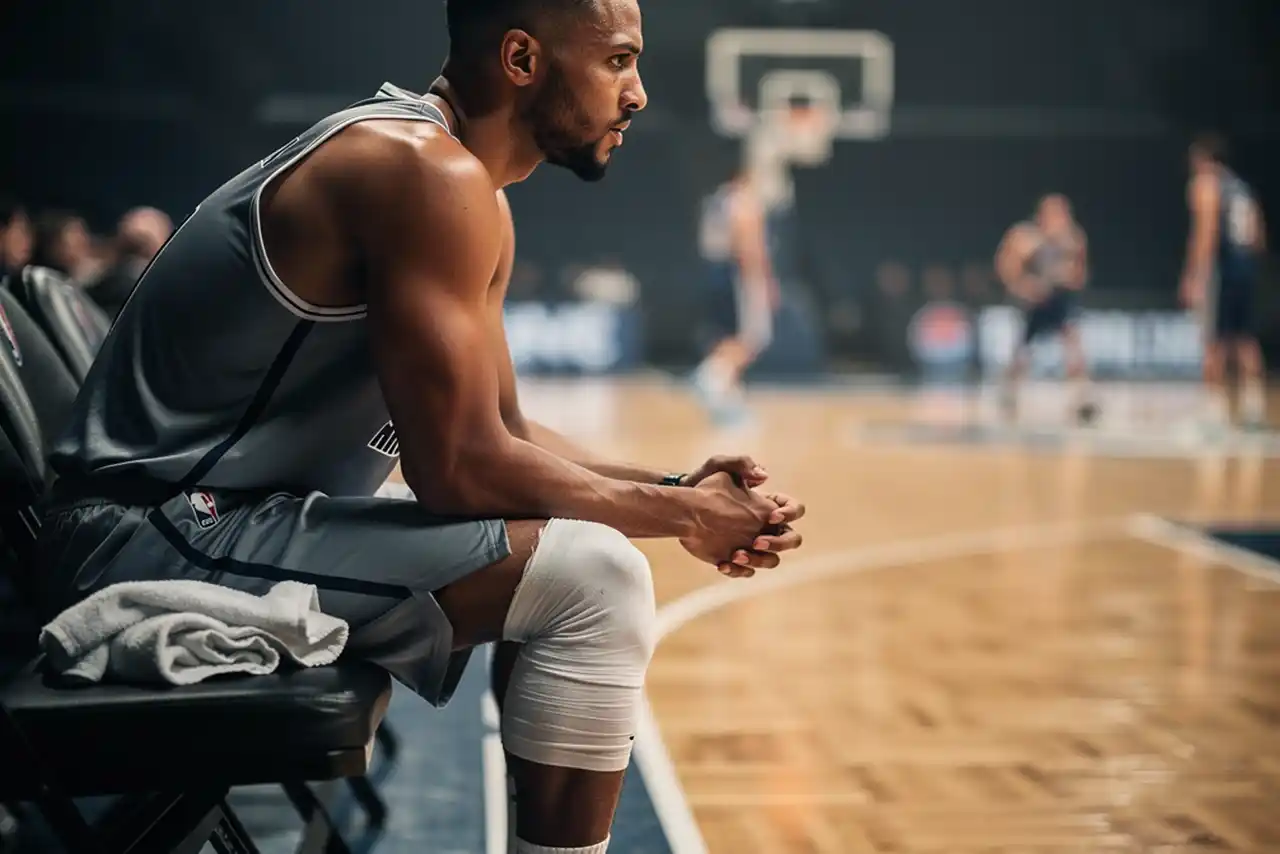 Giocatore di basket seduto in panchina con fasciatura al ginocchio mentre osserva la partita
