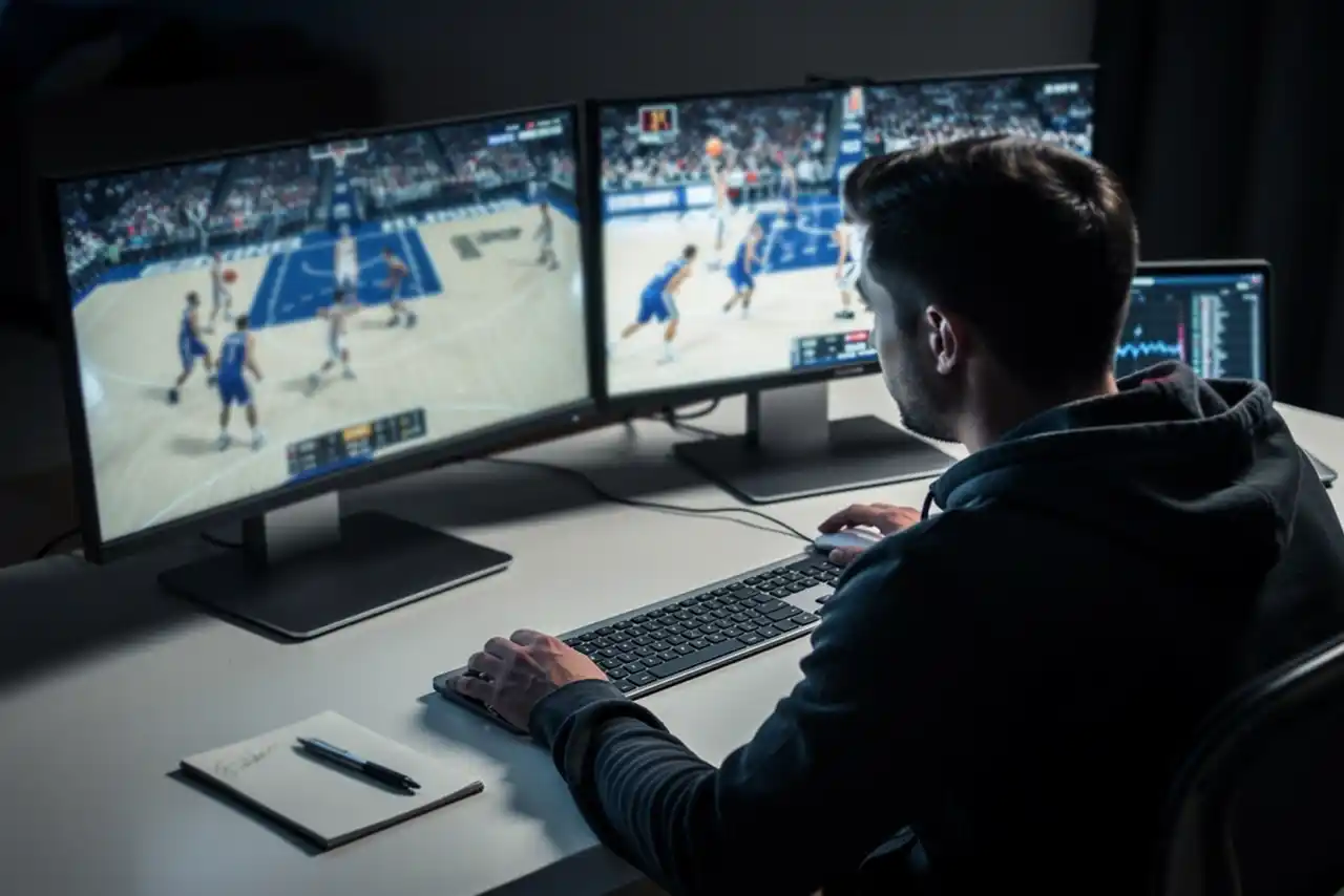 Persona che consulta più schermi con partite di basket su una scrivania ordinata