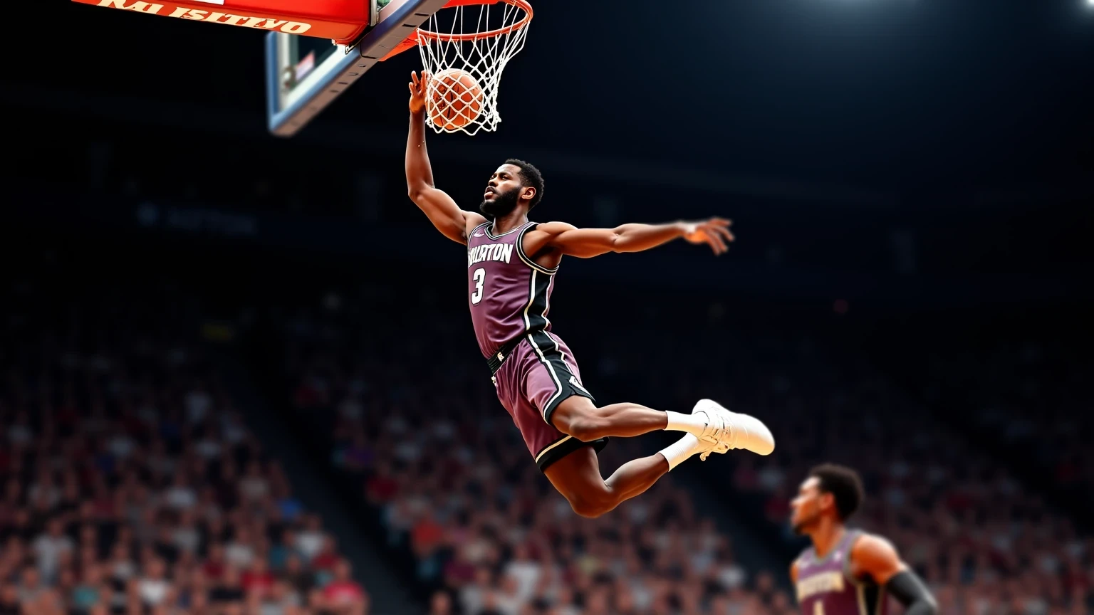 Giocatore NBA che esegue una schiacciata atletica spettacolare durante una partita