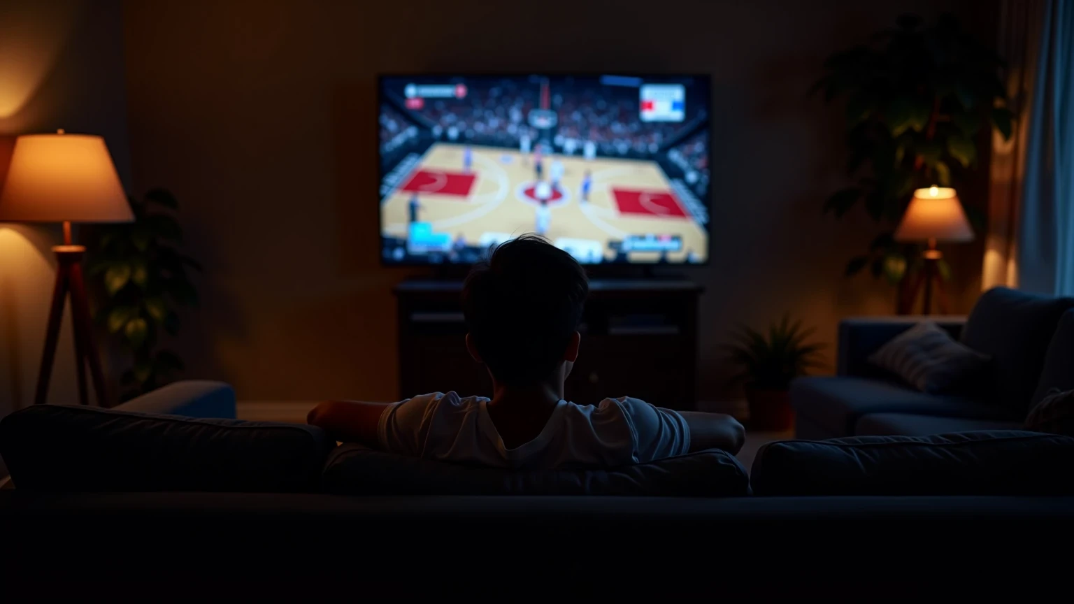 Tifoso italiano che guarda una partita NBA notturna sul televisore