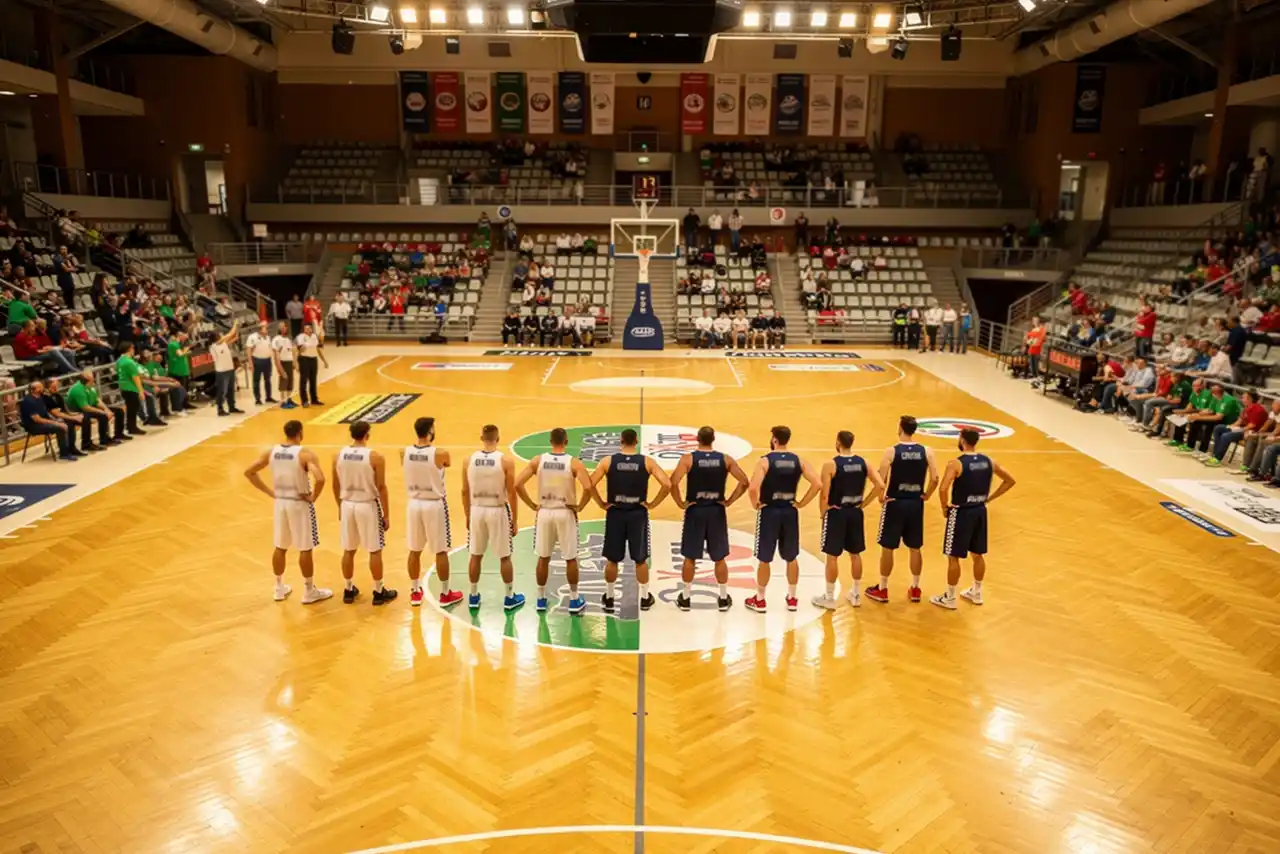 Palazzetto di basket italiano con squadre schierate a centrocampo prima della partita