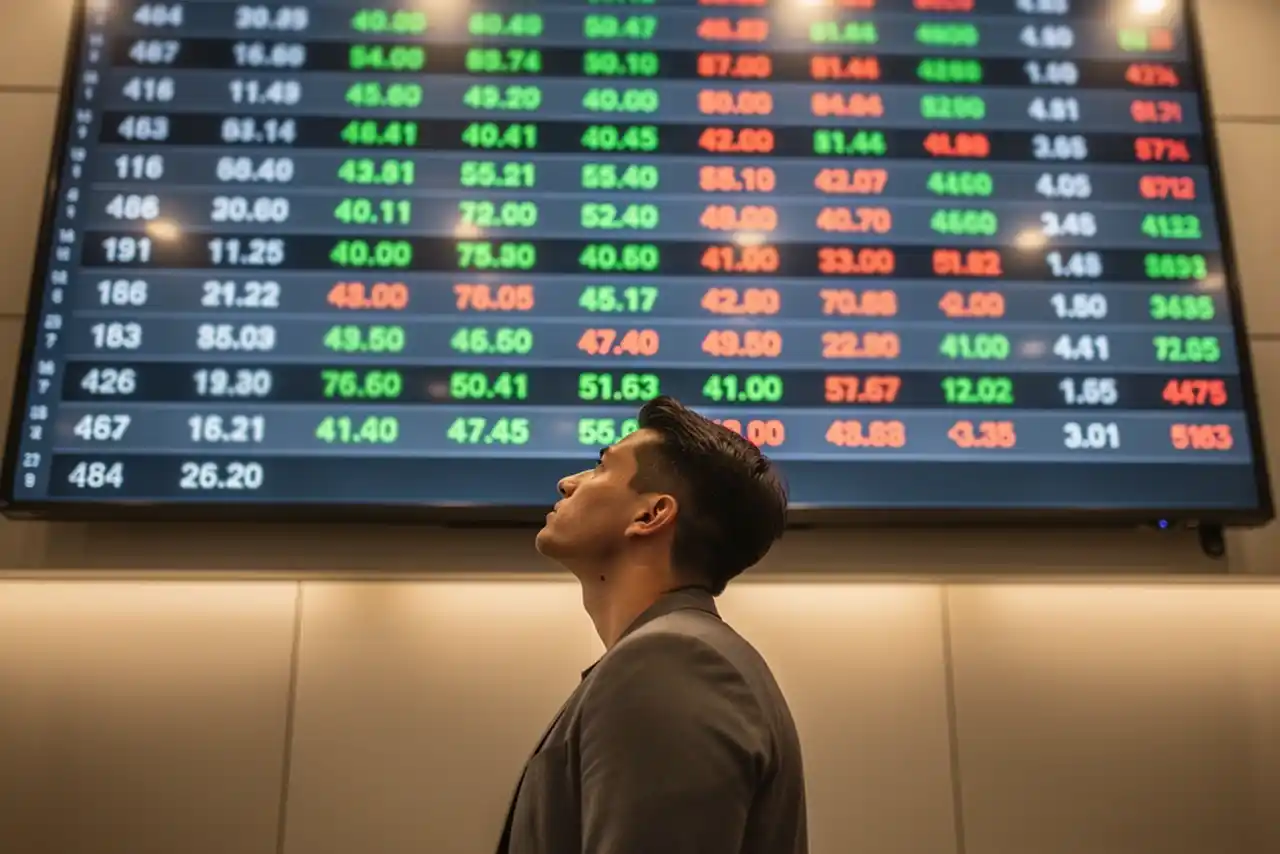 Persona che osserva attentamente un tabellone con quote di scommesse sul basket che cambiano
