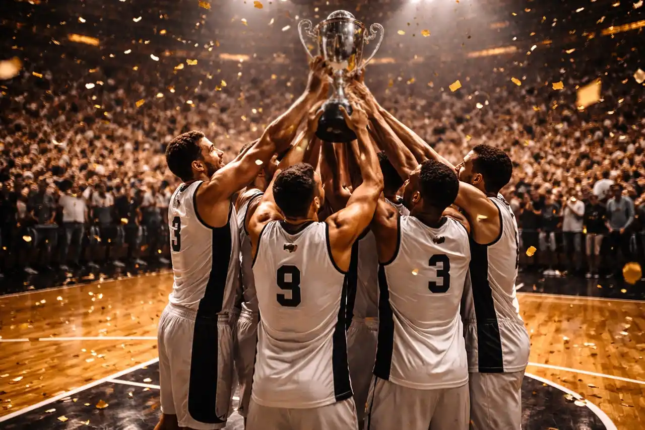 Squadra di basket che alza un trofeo al centro del campo dopo la vittoria finale