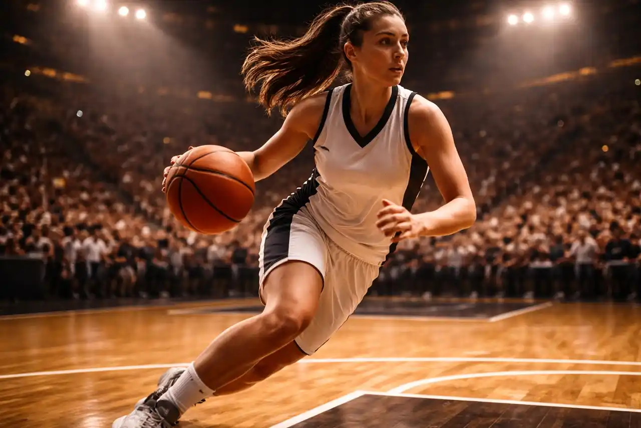 Giocatrice di basket femminile in azione durante un tiro a canestro su parquet