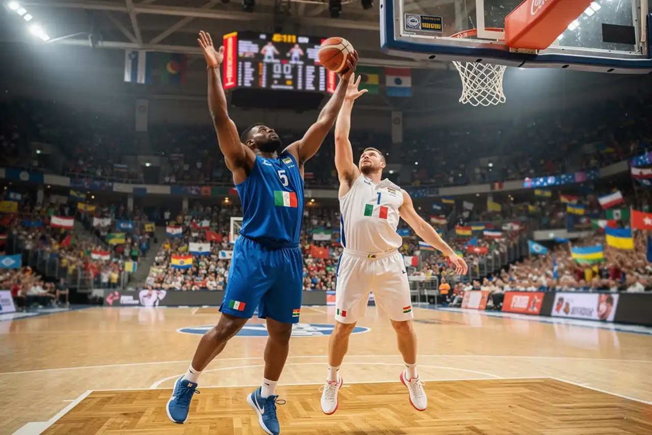 Giocatori di basket in maglia delle nazionali durante una partita internazionale in un grande palazzetto