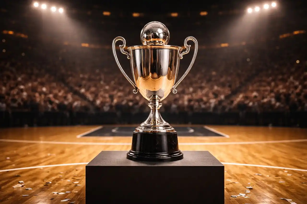 Trofeo di basket su un podio con sfondo di un campo da gioco illuminato