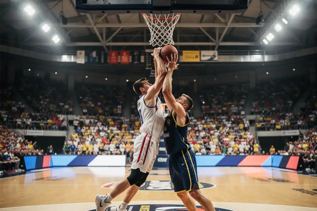 Partita di pallacanestro in un palazzetto spagnolo con giocatori in azione sotto canestro