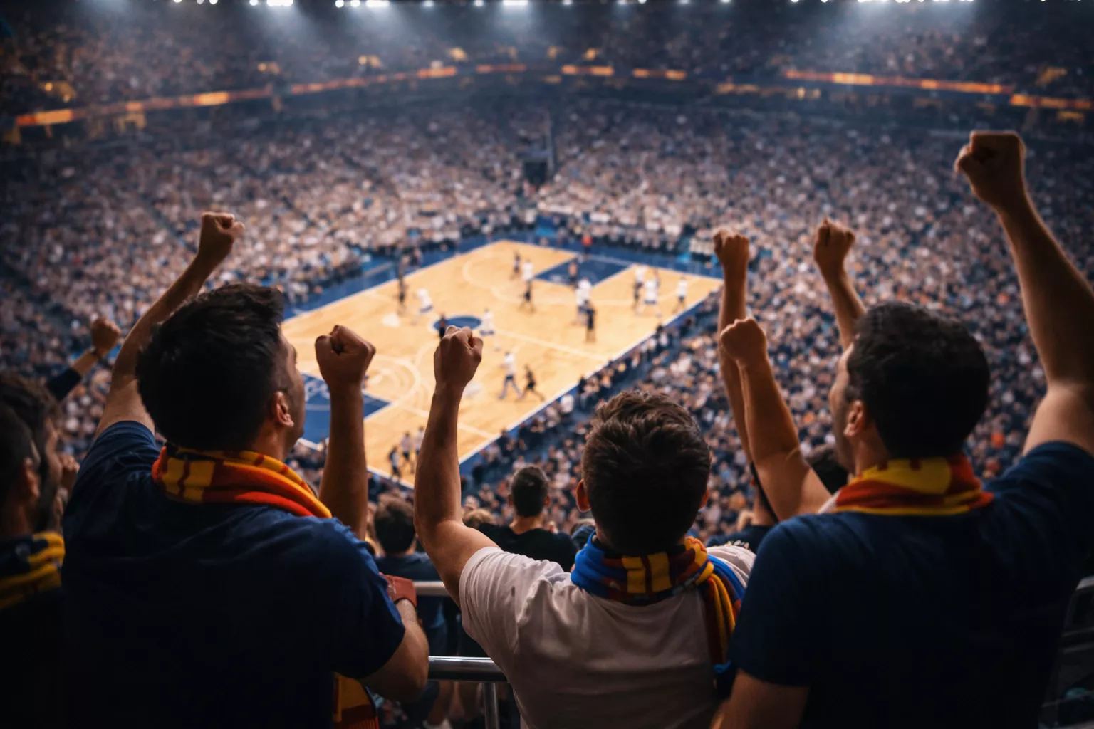 Tifosi di basket che seguono una partita dal vivo sugli spalti di un palazzetto illuminato