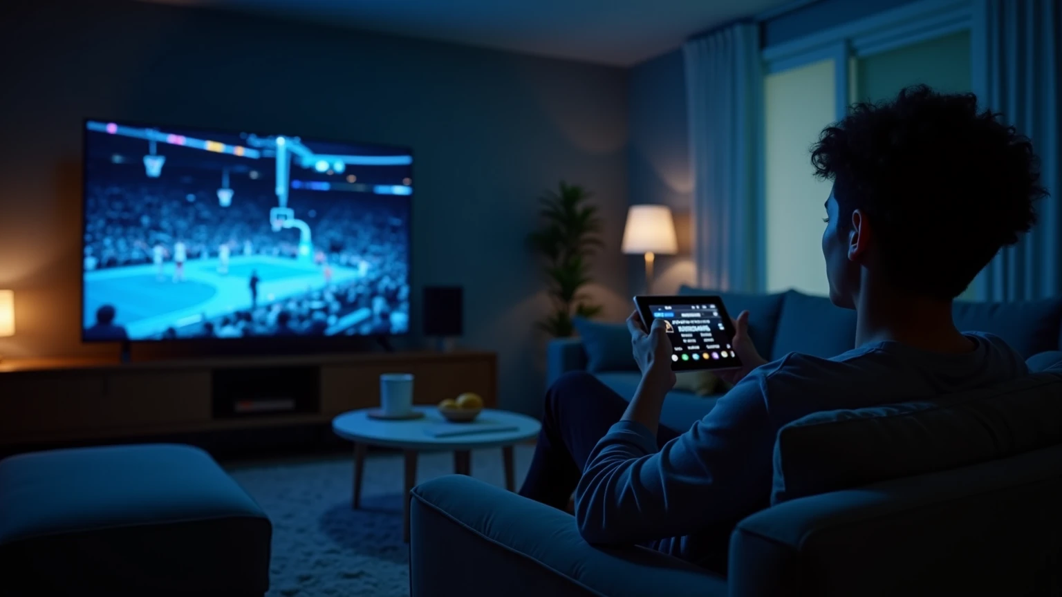 Persona che guarda una partita di basket in diretta su grande schermo TV tenendo un tablet, atmosfera serale coinvolgente