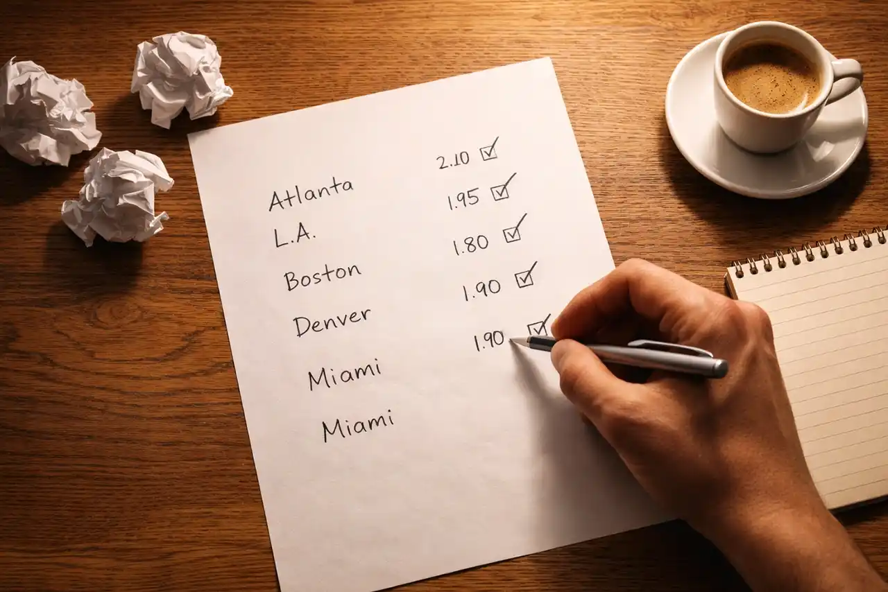 Mano che tiene una penna sopra un foglio con pronostici di pallacanestro e appunti scritti a mano