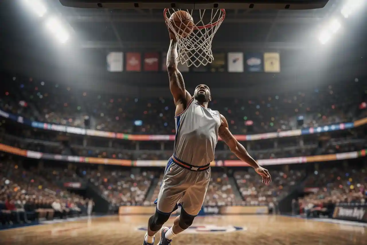 Giocatore di basket NBA in azione su un parquet di legno lucido