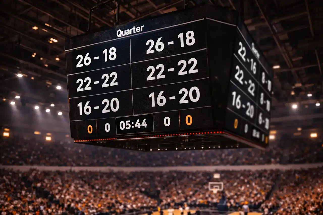 Tabellone segnapunti di una partita di basket con giocatori in azione sul parquet