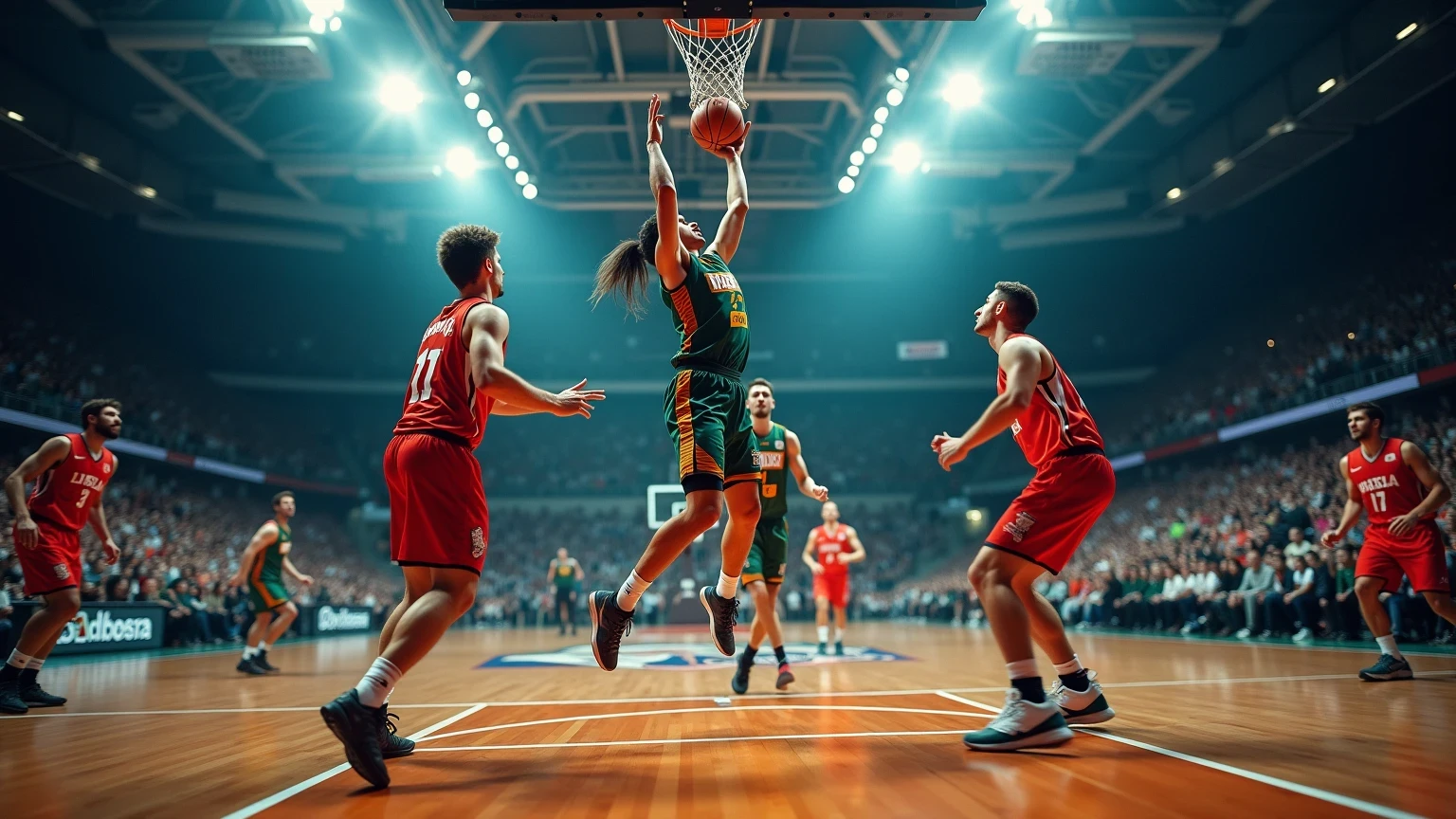 Arena di basket italiana durante una partita di Serie A con tifosi sugli spalti