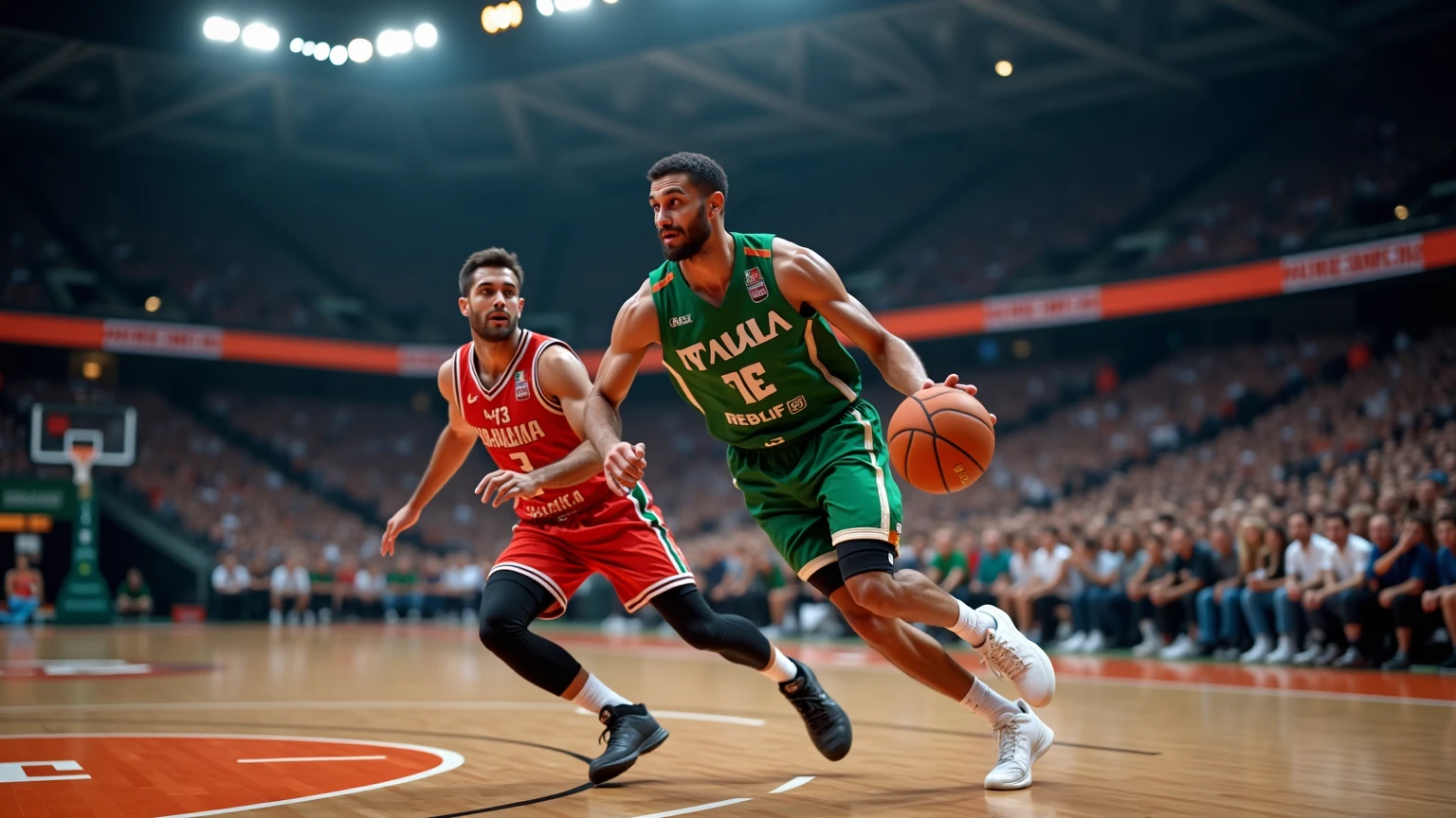 Giocatori di basket italiani in azione durante una partita di Serie A LBA con uno che tenta di bloccare il tiro