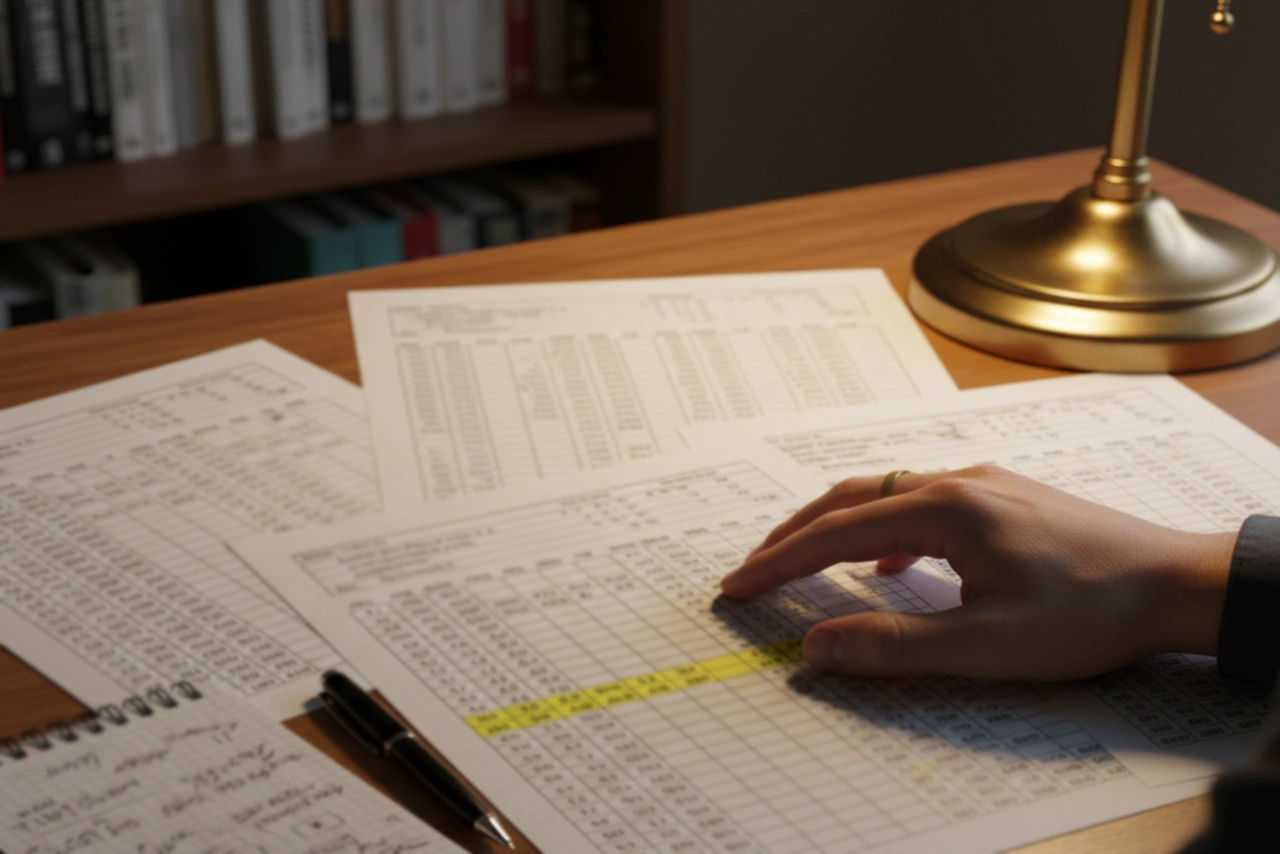 Persona che consulta statistiche di pallacanestro su un foglio di calcolo stampato su una scrivania