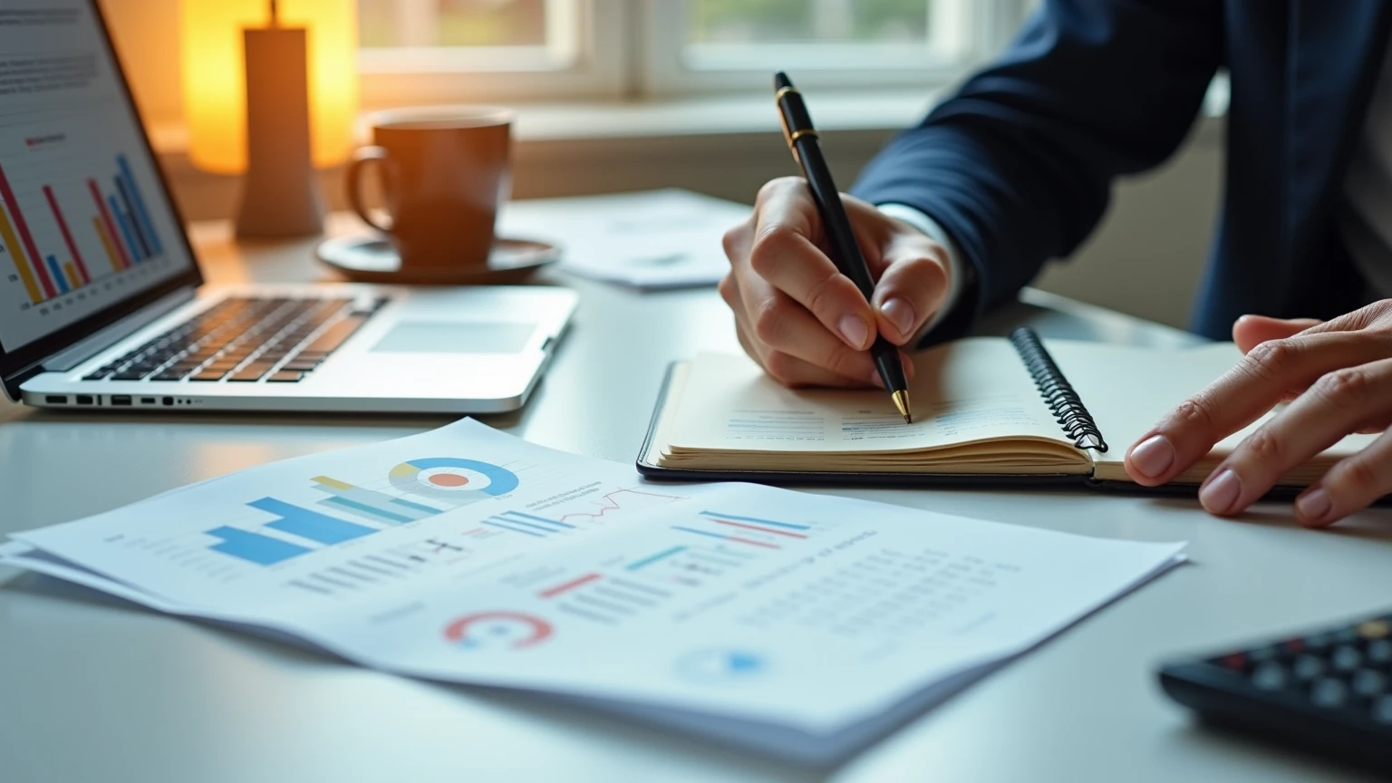 Persona che scrive strategie in un taccuino con statistiche di basket stampate e laptop con grafici sulla scrivania