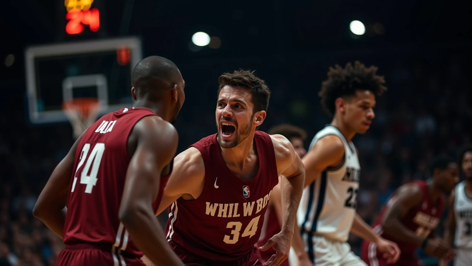 Giocatori di basket concentrati durante gli ultimi minuti decisivi di una partita