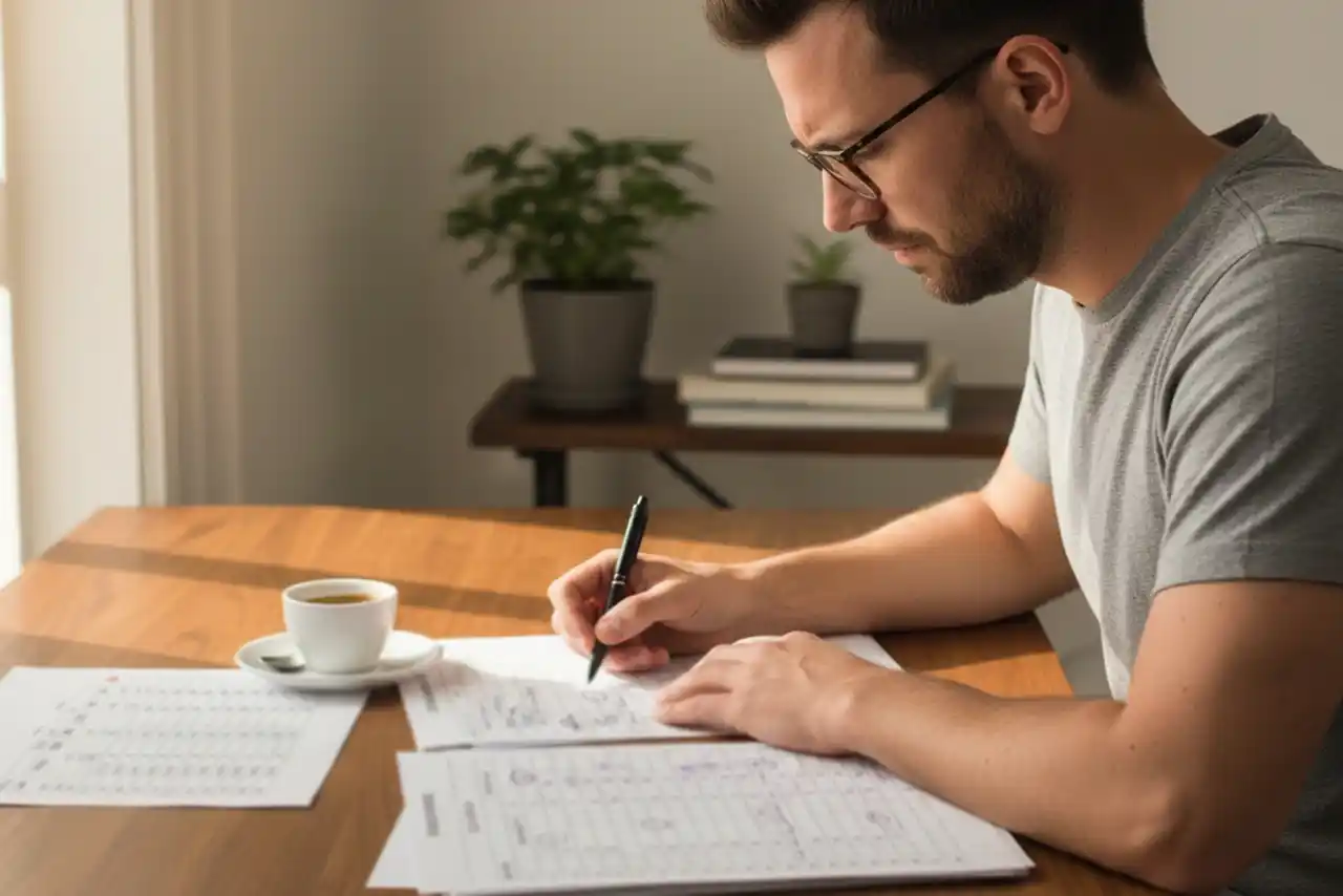 Uomo concentrato che analizza dati di pallacanestro su un quaderno con appunti e statistiche